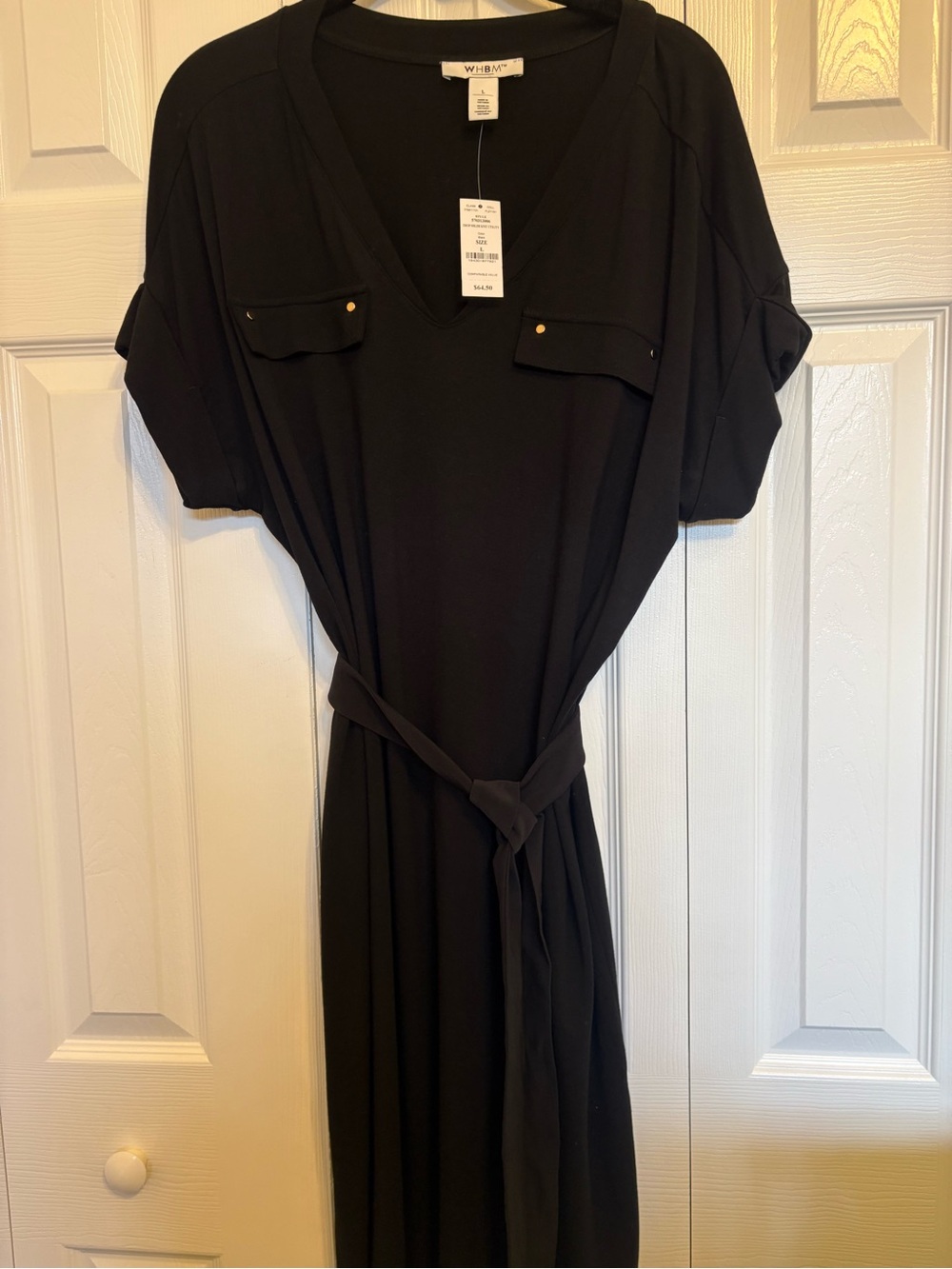 White House Black Market Large Black V-Neck Belted Short Sleeve Shirt Dress NWT